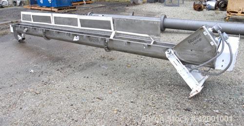 Used Inclined Screw Conveyor, 304 Stainless Steel. 6" diameter x 200" long x 3" pitch screw. 5 top cover sections. Top end feed, 7-1/2" end bottom outlet. Trough approximately 7" wide x 9" deep. Driv...