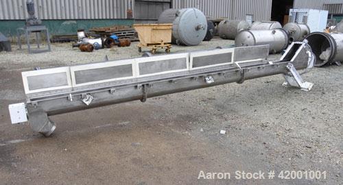 Used Inclined Screw Conveyor, 304 Stainless Steel. 6" diameter x 200" long x 3" pitch screw. 5 top cover sections. Top end feed, 7-1/2" end bottom outlet. Trough approximately 7" wide x 9" deep. Driv...