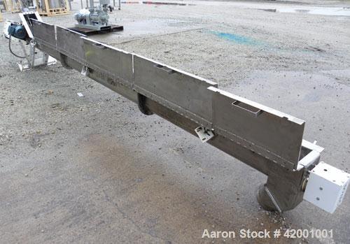Used Inclined Screw Conveyor, 304 Stainless Steel. 6" diameter x 200" long x 3" pitch screw. 5 top cover sections. Top end feed, 7-1/2" end bottom outlet. Trough approximately 7" wide x 9" deep. Driv...