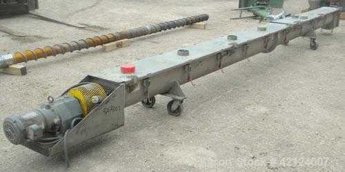 Used Conveyor Engineering Screw Conveyor, stainless steel. 9" Diameter x 232" long x 4-1/2" pitch 304 stainless steel screw, 10" wide x 10" deep 316 stainless steel trough with (2) 301 stainless stee...