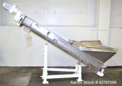 Used Inclined Screw Conveyor, 304 Stainless Steel. 9" Diameter x 101" long x 2’’ pitch screw. 10’’ Wide trough with (1) section hinged cover. End feed hopper with hinged safety grate. Top outlet, app...