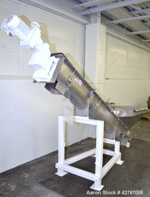 Used Inclined Screw Conveyor, 304 Stainless Steel. 9" Diameter x 101" long x 2’’ pitch screw. 10’’ Wide trough with (1) section hinged cover. End feed hopper with hinged safety grate. Top outlet, app...