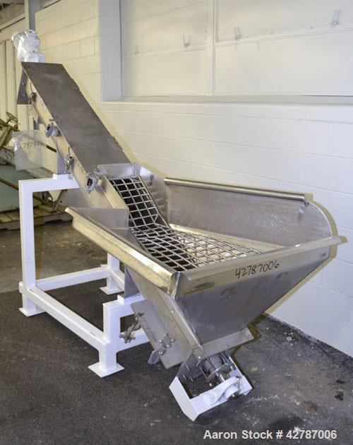 Used Inclined Screw Conveyor, 304 Stainless Steel. 9" Diameter x 101" long x 2’’ pitch screw. 10’’ Wide trough with (1) section hinged cover. End feed hopper with hinged safety grate. Top outlet, app...