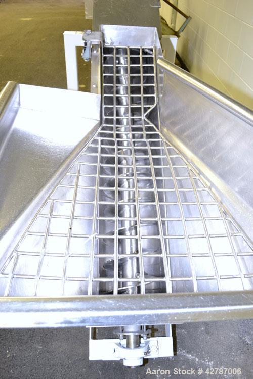 Used Inclined Screw Conveyor, 304 Stainless Steel. 9" Diameter x 101" long x 2’’ pitch screw. 10’’ Wide trough with (1) section hinged cover. End feed hopper with hinged safety grate. Top outlet, app...