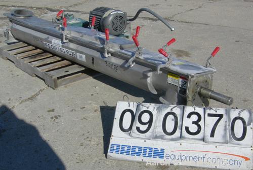 Used Screw Conveyor, 304 Stainless Steel, Horizontal. 6" Diameter x 90" long x 3" pitch screw. End top feed, end bottom outlet. Trough measures 7-1/4" wide x 8'4" long x approximately 8" deep. (2) Pi...