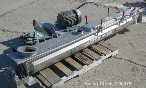 Used Screw Conveyor, 304 Stainless Steel, Horizontal. 6" Diameter x 90" long x 3" pitch screw. End top feed, end bottom outlet. Trough measures 7-1/4" wide x 8'4" long x approximately 8" deep. (2) Pi...