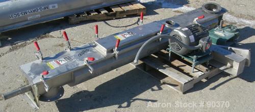 Used Screw Conveyor, 304 Stainless Steel, Horizontal. 6" Diameter x 90" long x 3" pitch screw. End top feed, end bottom outlet. Trough measures 7-1/4" wide x 8'4" long x approximately 8" deep. (2) Pi...