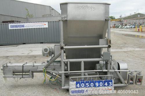 Used Screw Conveyor/Feeder, 304 stainless steel. 10'' diameter x 111'' long x approximate 4'' pitch. Driven by a 5 hp, 3/60/230/460 volt, 1730 rpm gearmotor, ratio 38.4 to 1. Top mounted feed hopper ...