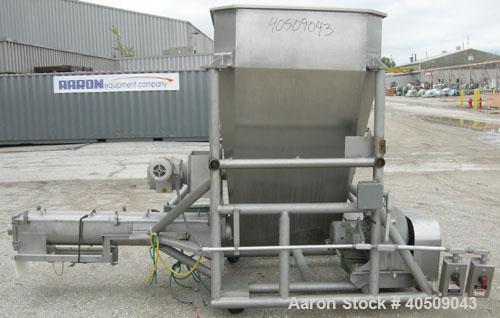 Used Screw Conveyor/Feeder, 304 stainless steel. 10'' diameter x 111'' long x approximate 4'' pitch. Driven by a 5 hp, 3/60/230/460 volt, 1730 rpm gearmotor, ratio 38.4 to 1. Top mounted feed hopper ...