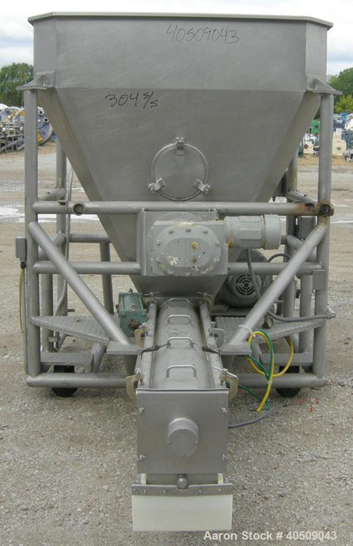Used Screw Conveyor/Feeder, 304 stainless steel. 10'' diameter x 111'' long x approximate 4'' pitch. Driven by a 5 hp, 3/60/230/460 volt, 1730 rpm gearmotor, ratio 38.4 to 1. Top mounted feed hopper ...