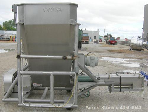Used Screw Conveyor/Feeder, 304 stainless steel. 10'' diameter x 111'' long x approximate 4'' pitch. Driven by a 5 hp, 3/60/230/460 volt, 1730 rpm gearmotor, ratio 38.4 to 1. Top mounted feed hopper ...