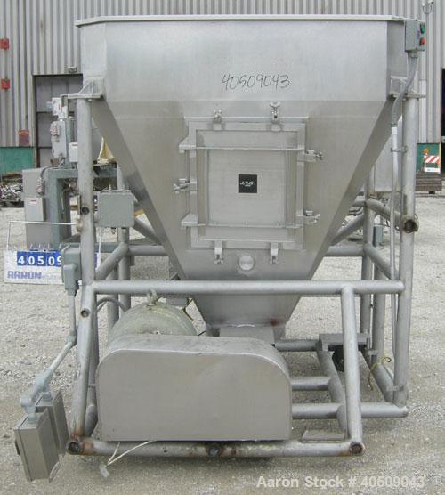 Used Screw Conveyor/Feeder, 304 stainless steel. 10'' diameter x 111'' long x approximate 4'' pitch. Driven by a 5 hp, 3/60/230/460 volt, 1730 rpm gearmotor, ratio 38.4 to 1. Top mounted feed hopper ...