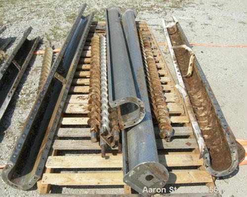 Used Screw conveyor parts, 304 stainless steel. Consisting of: Screw conveyor sections 4" diameter x 2" pitch, (2) 102" long, (2) 85" long, (1) 98" long, (3) 96" long, (1) 90" long. Screw conveyor tr...