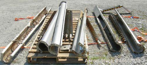 Used Screw conveyor parts, 304 stainless steel. Consisting of: Screw conveyor sections 4" diameter x 2" pitch, (2) 102" long, (2) 85" long, (1) 98" long, (3) 96" long, (1) 90" long. Screw conveyor tr...