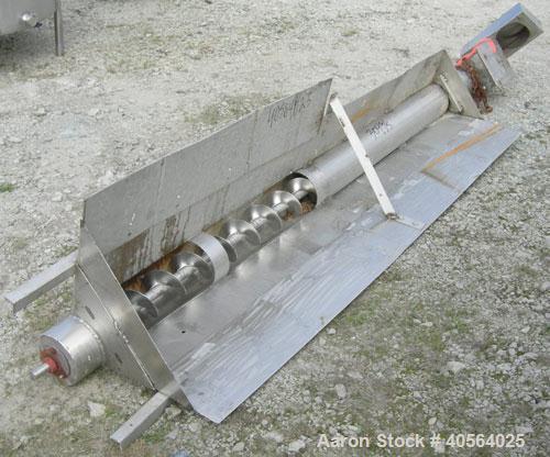 Used Screw Conveyor, 304 stainless steel. 5 1/4" diameter x 120" long  x 2 1/2" pitch screw. 3 section jacket on bottom of trough, 18", 20", 23" long. Top feed, end bottom outlet. Requires motor.