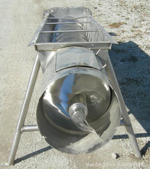 Used Incline Screw Conveyor, 304 stainless steel. 12" diameter x 95" long x 4" pitch screw. Trough 15 3/16" wide x 73 7/8" long x 13" deep. End feed and discharge, approximate 23 1/2" discharge heigh...