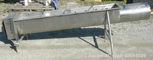 Used Incline Screw Conveyor, 304 stainless steel. 12" diameter x 95" long x 4" pitch screw. Trough 15 3/16" wide x 73 7/8" long x 13" deep. End feed and discharge, approximate 23 1/2" discharge heigh...