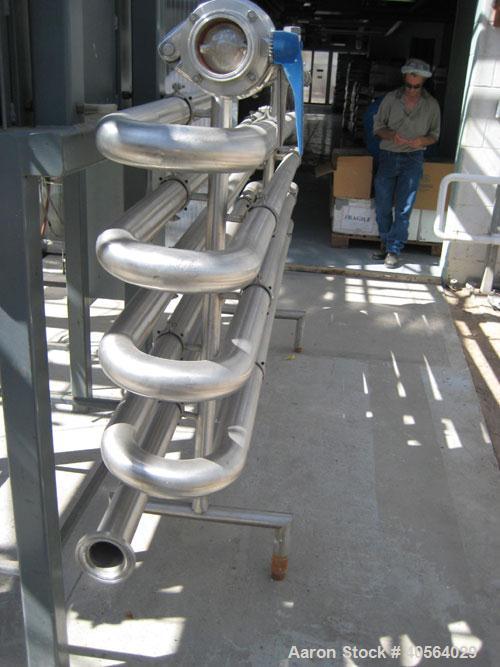 Used Incline Screw Conveyor, 304 stainless steel. 12" diameter x 95" long x 4" pitch screw. Trough 15 3/16" wide x 73 7/8" long x 13" deep. End feed and discharge, approximate 23 1/2" discharge heigh...