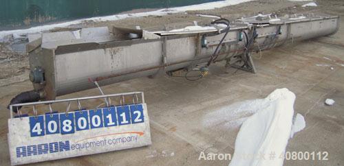 Used Horizontal Screw Conveyor, 304 stainless steel. 14" diameter x 462" long x 4" pitch. (2) bolt together trough and screw sections. Trough measures 16" wide x 17" deep x 465" long with hinged top ...