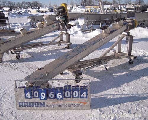 Used Inclined Screw Conveyor, 304 Stainless Steel. 6" diameter x 108" long x 3" pitch screw. (2) 7" end feeds, 7" end bottom outlet. Bolt on top cover. Driven by a 1 1/2 HP, 3/60/230/460 Volt, 1740 R...