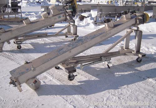 Used Inclined Screw Conveyor, 304 Stainless Steel. 6" diameter x 108" long x 3" pitch screw. (2) 7" end feeds, 7" end bottom outlet. Bolt on top cover. Driven by a 1 1/2 HP, 3/60/230/460 Volt, 1740 R...