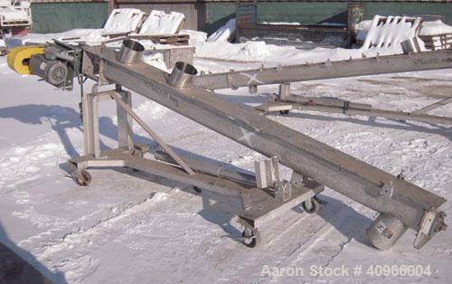 Used Inclined Screw Conveyor, 304 Stainless Steel. 6" diameter x 108" long x 3" pitch screw. (2) 7" end feeds, 7" end bottom outlet. Bolt on top cover. Driven by a 1 1/2 HP, 3/60/230/460 Volt, 1740 R...