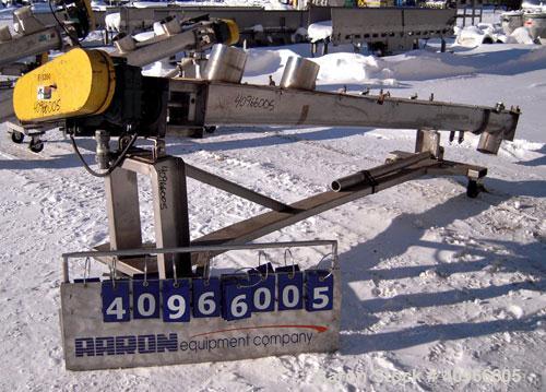 Used Inclined Screw Conveyor, 304 stainless steel. 6" diameter x 144" long x 3" pitch screw. (2) 7" end feeds, 7" end bottom outlet. Bolt on top cover. Driven by a 1 1/2 HP, 3/60/230/460 Volt, 1740 R...