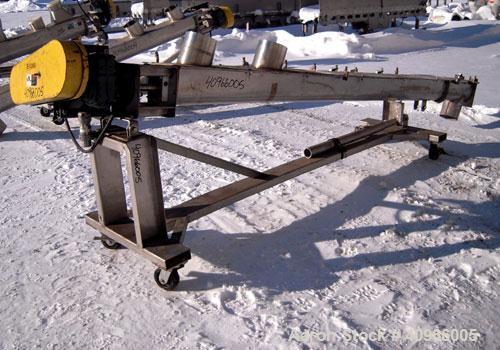 Used Inclined Screw Conveyor, 304 stainless steel. 6" diameter x 144" long x 3" pitch screw. (2) 7" end feeds, 7" end bottom outlet. Bolt on top cover. Driven by a 1 1/2 HP, 3/60/230/460 Volt, 1740 R...