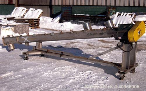 Used Inclined Screw Conveyor, 304 stainless steel. 6" diameter x 144" long x 3" pitch screw. (2) 7" end feeds, 7" end bottom outlet. Bolt on top cover. Driven by a 1 1/2 HP, 3/60/230/460 Volt, 1740 R...