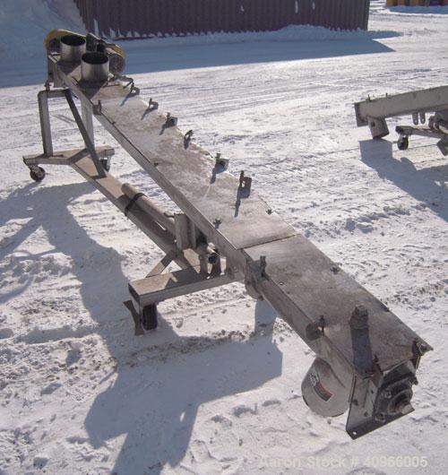 Used Inclined Screw Conveyor, 304 stainless steel. 6" diameter x 144" long x 3" pitch screw. (2) 7" end feeds, 7" end bottom outlet. Bolt on top cover. Driven by a 1 1/2 HP, 3/60/230/460 Volt, 1740 R...