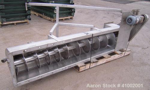 Used Inclined Screw Conveyor, 304 stainless steel. 16'' diameter x 90'' long x 3'' pitch. No top cover sections. End feed, 10 3/4'' X 16 1/4'' end bottom outlet. Driven by a 1 hp, 3/60/460 volt, 1725...