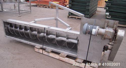 Used Inclined Screw Conveyor, 304 stainless steel. 16'' diameter x 90'' long x 3'' pitch. No top cover sections. End feed, 10 3/4'' X 16 1/4'' end bottom outlet. Driven by a 1 hp, 3/60/460 volt, 1725...