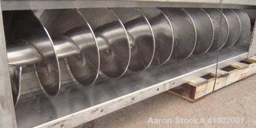 Used Inclined Screw Conveyor, 304 stainless steel. 16'' diameter x 90'' long x 3'' pitch. No top cover sections. End feed, 10 3/4'' X 16 1/4'' end bottom outlet. Driven by a 1 hp, 3/60/460 volt, 1725...
