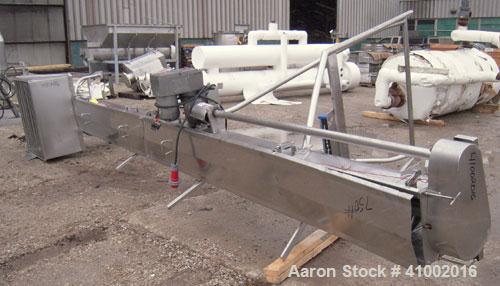 Used Inclined Screw Conveyor, 304 stainless steel. 10" diameter x 228" long. 2 section top cover. End feed with a 32" x 36" hopper, end bottom outlet. Driven by an approximate 1 hp vari-speed motor. ...