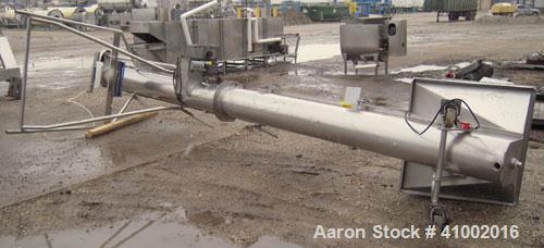 Used Inclined Screw Conveyor, 304 stainless steel. 10" diameter x 228" long. 2 section top cover. End feed with a 32" x 36" hopper, end bottom outlet. Driven by an approximate 1 hp vari-speed motor. ...