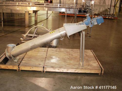 Used Inclined Screw Conveyor, Stainless Steel. Approximately 6" diameter x 72" long screw. End feed and discharge. Driven by a 1 hp, 3/60/230/460 volt, 460-2290 rpm Sew Eurodrive variable speed motor...