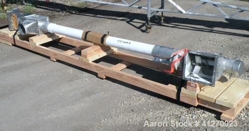 Used Prab Flexible Screw Conveyor. 4-3/8" diameter tube x approximately 108" long.  304 stainless steel 4" diameter x 108" helix/screw. 8" x 9" top end feed, 6" end bottom outlet. Driven by a 3hp, 3/...