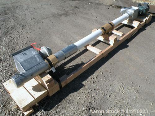 Used Prab Flexible Screw Conveyor. 4-3/8" diameter tube x approximately 108" long.  304 stainless steel 4" diameter x 108" helix/screw. 8" x 9" top end feed, 6" end bottom outlet. Driven by a 3hp, 3/...