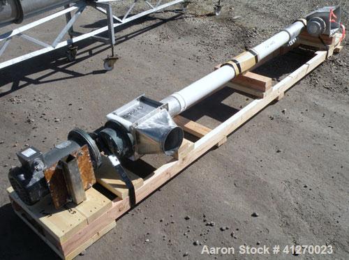Used Prab Flexible Screw Conveyor. 4-3/8" diameter tube x approximately 108" long.  304 stainless steel 4" diameter x 108" helix/screw. 8" x 9" top end feed, 6" end bottom outlet. Driven by a 3hp, 3/...