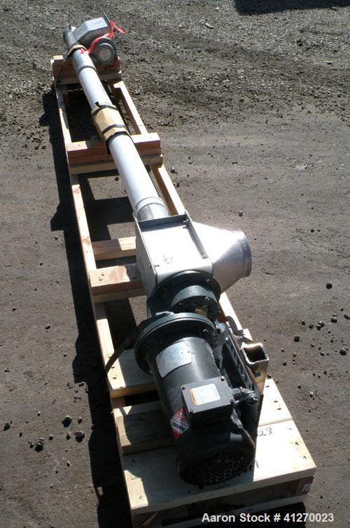 Used Prab Flexible Screw Conveyor. 4-3/8" diameter tube x approximately 108" long.  304 stainless steel 4" diameter x 108" helix/screw. 8" x 9" top end feed, 6" end bottom outlet. Driven by a 3hp, 3/...