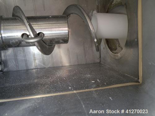Used Prab Flexible Screw Conveyor. 4-3/8" diameter tube x approximately 108" long.  304 stainless steel 4" diameter x 108" helix/screw. 8" x 9" top end feed, 6" end bottom outlet. Driven by a 3hp, 3/...