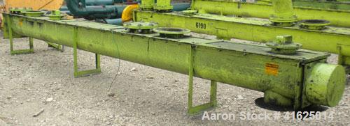 Used Screw Conveyor, Carbon Steel, Horizontal. Approximate 9" diameter x 175" long x 3" pitch screw. 7-1/2" top end feed/end bottom outlet. Trough measures approximately 10" wide x 10" deep. 4 piece ...