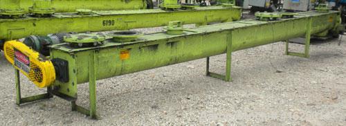Used Screw Conveyor, Carbon Steel, Horizontal. Approximate 9" diameter x 175" long x 3" pitch screw. 7-1/2" top end feed/end bottom outlet. Trough measures approximately 10" wide x 10" deep. 4 piece ...