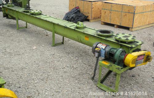 Used- Screw Conveyor, Carbon Steel, Horizontal. Approximate 9" diameter x 175" long x 3" pitch screw. 7-1/2" top end feed/en...