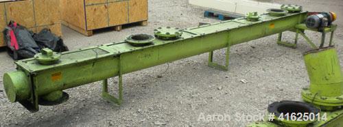 Used Screw Conveyor, Carbon Steel, Horizontal. Approximate 9" diameter x 175" long x 3" pitch screw. 7-1/2" top end feed/end bottom outlet. Trough measures approximately 10" wide x 10" deep. 4 piece ...