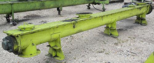 Used Screw Conveyor, Carbon Steel, Horizontal. Approximate 8" diameter x 168" long x 3" pitch screw. 8" top end feed/end bottom outlet. Trough measures approximately 8-1/2" wide x 9" deep. (3) piece ...