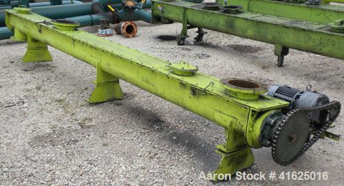 Used Screw Conveyor, Carbon Steel, Horizontal. Approximate 8" diameter x 168" long x 3" pitch screw. 8" top end feed/end bottom outlet. Trough measures approximately 8-1/2" wide x 9" deep. (3) piece ...