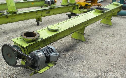 Used Screw Conveyor, Carbon Steel, Horizontal. Approximate 8" diameter x 168" long x 3" pitch screw. 8" top end feed/end bottom outlet. Trough measures approximately 8-1/2" wide x 9" deep. (3) piece ...
