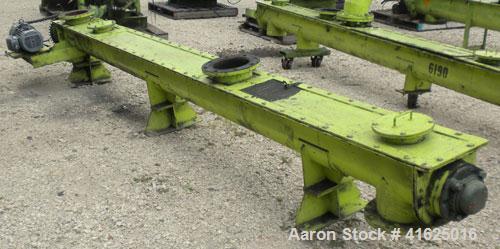 Used Screw Conveyor, Carbon Steel, Horizontal. Approximate 8" diameter x 168" long x 3" pitch screw. 8" top end feed/end bottom outlet. Trough measures approximately 8-1/2" wide x 9" deep. (3) piece ...
