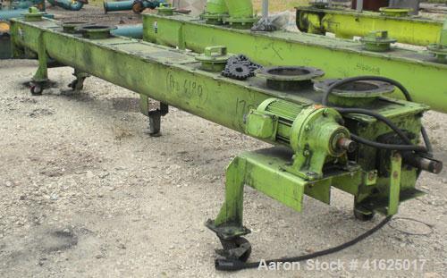 Used Screw Conveyor, Carbon Steel, Horizontal. Approximate 9" diameter x 175" long x 3" pitch screw. 8" top end feed/end bottom outlet. Trough measures approximately 10" wide x 11" deep. 4 piece bolt...